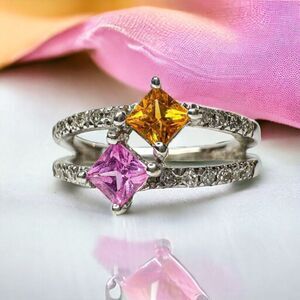 14k White Gold Natural Pink & Orange Sapphire Diamond Ring -Size 5 -3g